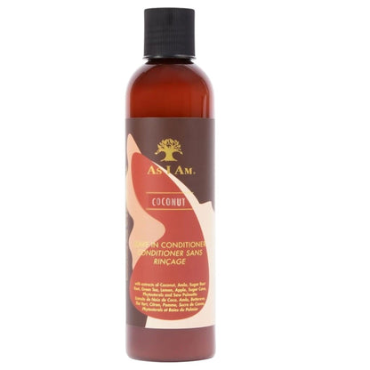 Bottle of As I Am Leave-In Conditioner for hair, featuring coconut infusion, suitable for moisturizing and detangling hair.