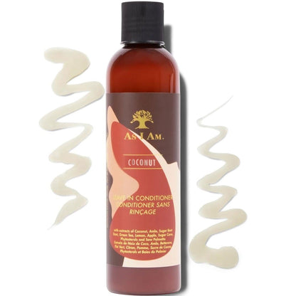 Bottle of As I Am Coconut Leave-In Conditioner for curly and textured hair, featuring a pump dispenser and white label.