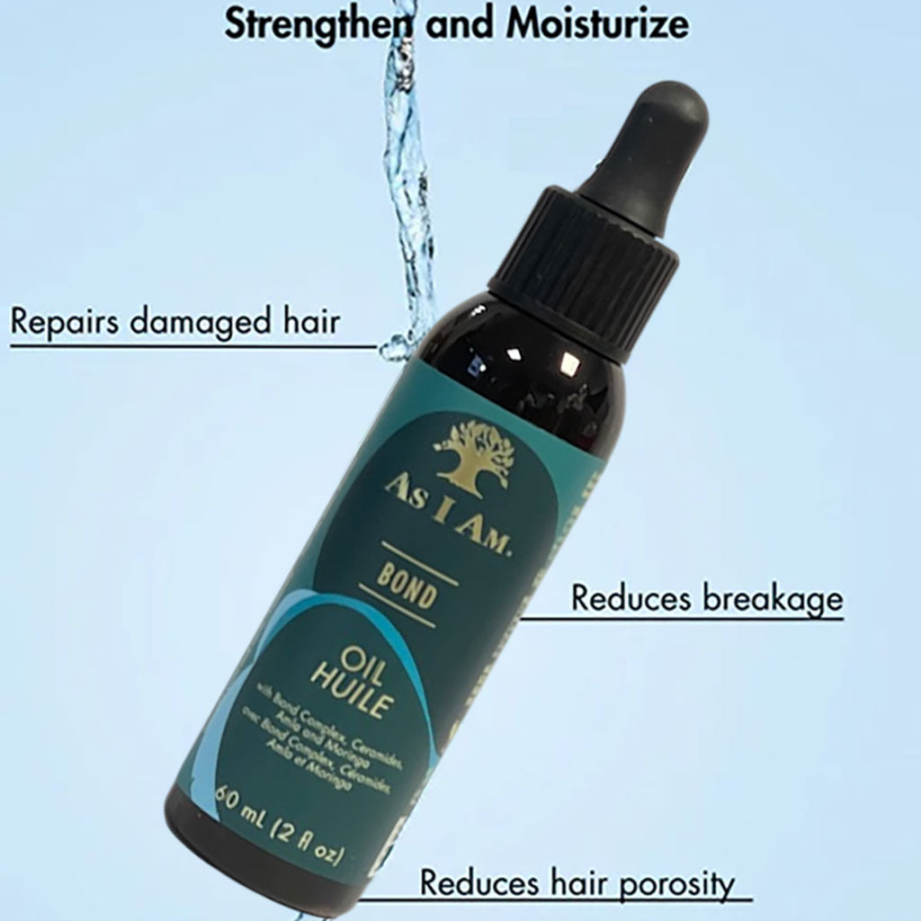 Bottle of As I Am Bond Hair Oil, a nourishing hair serum and oil with a sleek design and clear labeling, on a neutral background.