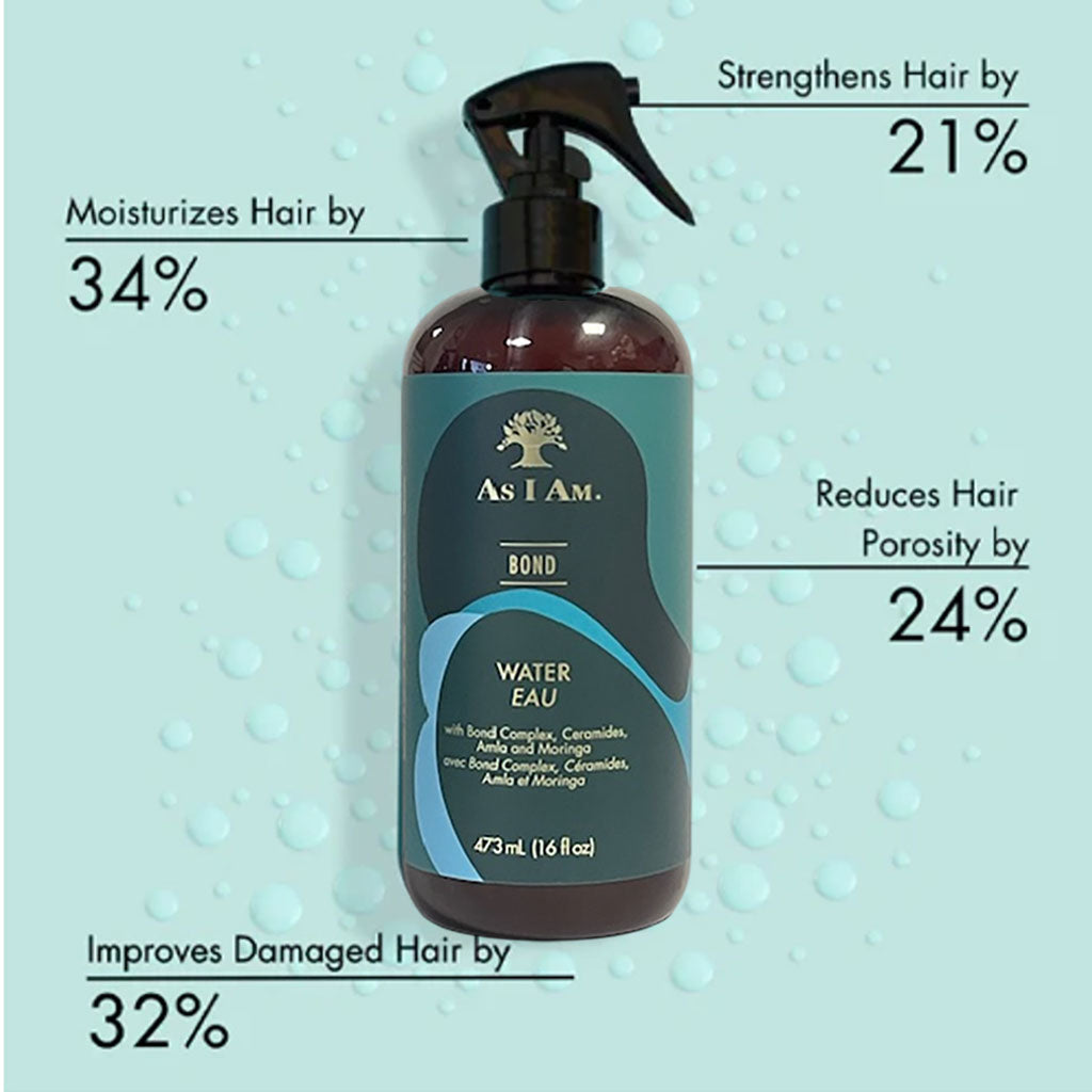 Spray bottle of As I Am Bond Water Spray, a hydrating hair spray designed to strengthen and condition hair.
