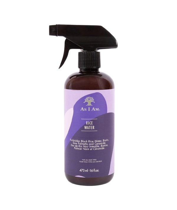 Spray bottle of As I Am Rice Water Hair Spray, designed for nourishing and refreshing hair with rice water benefits.