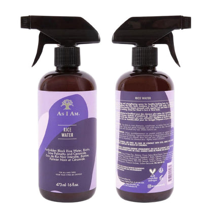 As I Am Rice Water Spray hair spray bottle with white cap and label, designed for hair nourishment and styling.