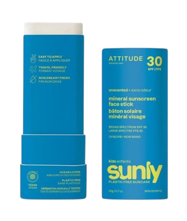 Attitude Sunly Kids Unscented Mineral Sunscreen Face Stick SPF30