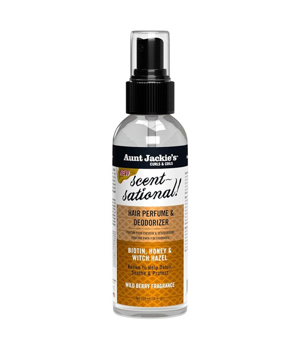 Aunt Jackies Scent Sational Hair Perfume and Deodorizer spray bottle with floral design, designed for freshening hair and adding scent.