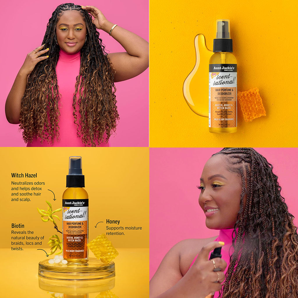 Aunt Jackies Scent Sational Hair Perfume and Deodorizer hair spray bottle with floral design and product label.