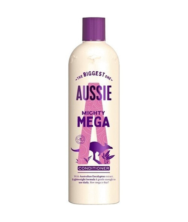 Aussie Mighty Mega Conditioner bottle showing vibrant packaging, designed for nourishing and moisturizing hair.