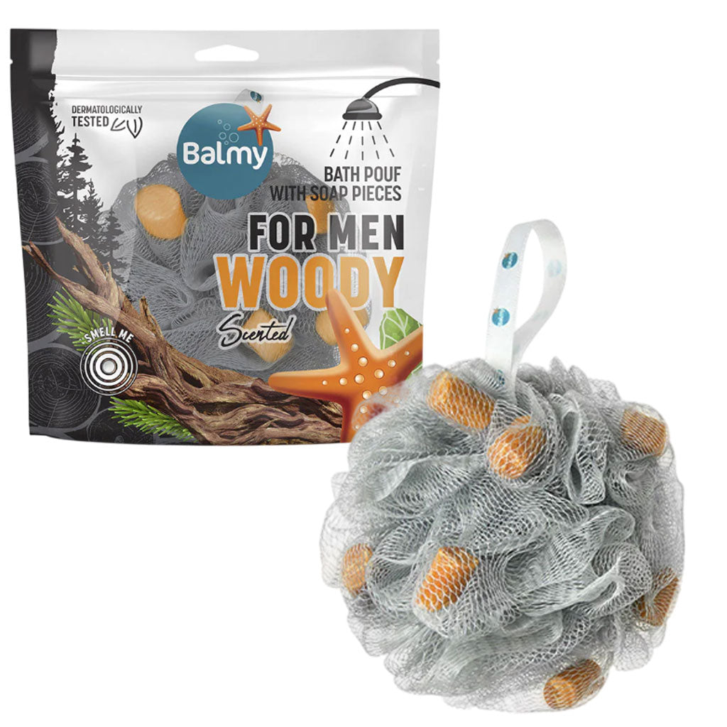 Balmy Naturel Bath Pouf For Men With Woody Scented Soap Pieces