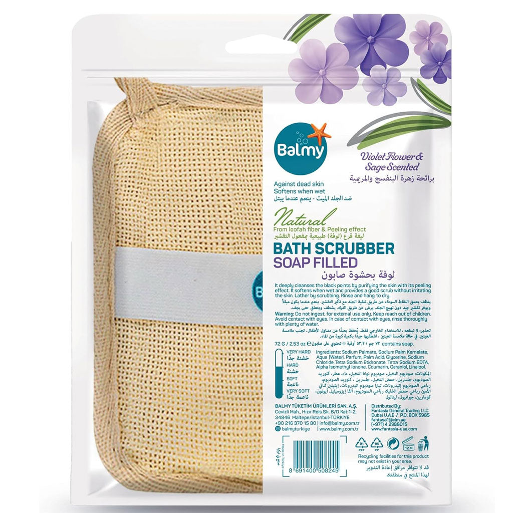 Balmy Naturel Bath Scrubber Violet Flower And Sage Scented Soap Filled