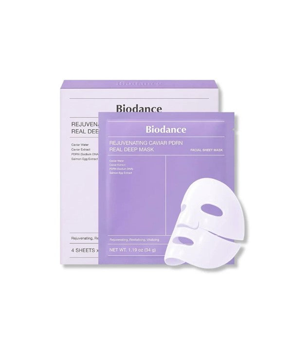 Biodance Rejuvenating Caviar PDRN K-beauty mask showing a luxurious black sheet mask with caviar extract and PDRN infusion for deep hydration
