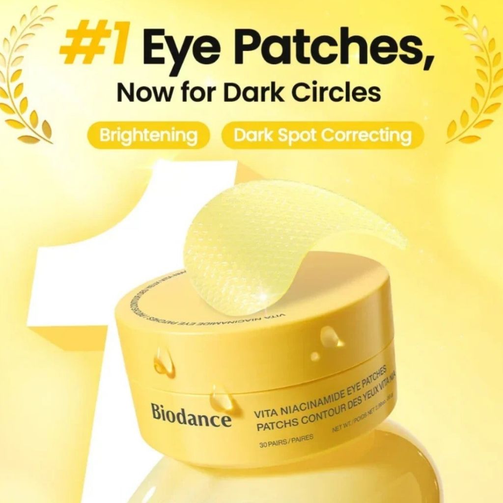 Biodance Vita Niacinamide Eye Patches K Beauty Mask packaging and under-eye patches