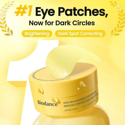 Biodance Vita Niacinamide Eye Patches K Beauty Mask packaging and under-eye patches