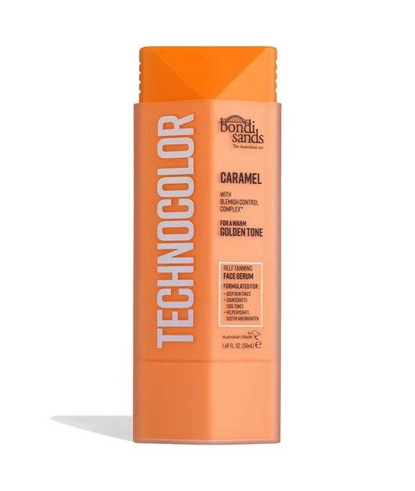 Bondi Sands Technocolor Caramel Self Tanning Face Serum in a 50ml bottle, moisturizing and providing a natural tanning glow.