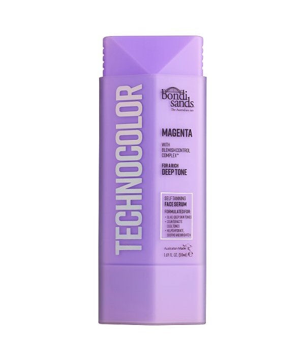 Bondi Sands Technocolor Magenta self-tanning face serum in 50ml bottle, moisturizing skincare for a natural glow