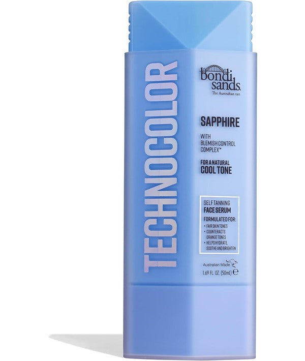 Bondi Sands Technocolor Sapphire self-tanning face serum in a 50ml bottle, designed for glowing, bronzed skin.