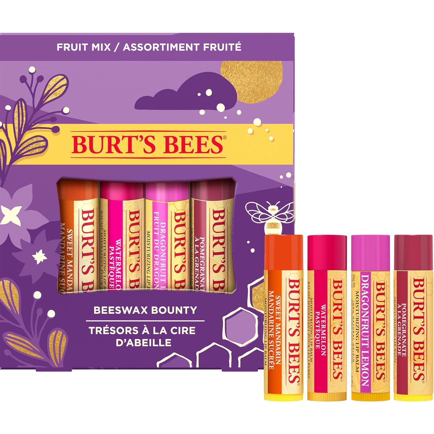 Burts Bees Beeswax Bounty Fruit Mix Lip Balm pack with four 4g tubes, natural lip care with beeswax and fruit flavors.