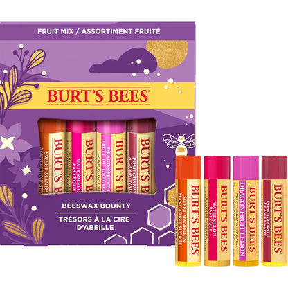 Burts Bees Beeswax Bounty Fruit Mix Lip Balm pack with four 4g tubes, natural lip care with beeswax and fruit flavors.