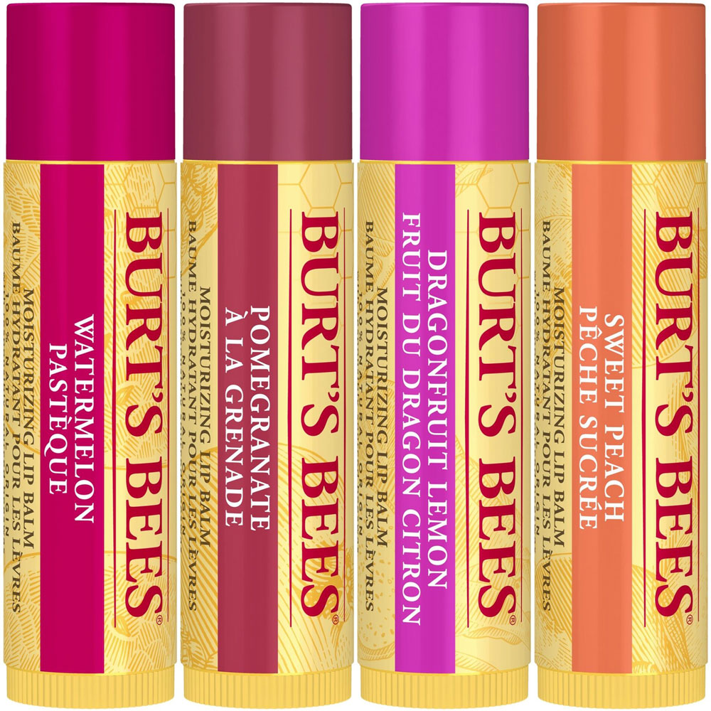 Burts Bees Beeswax Bounty Fruit Mix Lip Balm pack with four 4g tubes, natural lip care with beeswax and fruit flavors.
