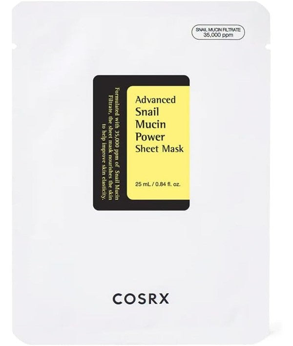 COSRX Advanced Snail Mucin Power Sheet Mask displayed on a white background, showing the sealed mask packaging.