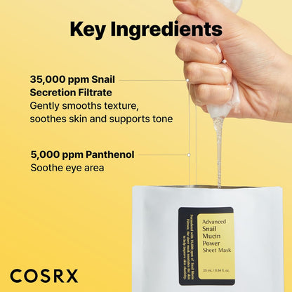 COSRX Advanced Snail Mucin Power Sheet Mask, a Korean beauty mask with snail mucin for hydrating and nourishing skin.