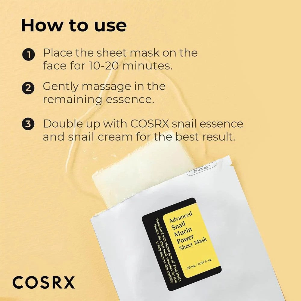 COSRX Advanced Snail Mucin Power Sheet Mask lying flat, showing the white sheet mask on a skincare surface.