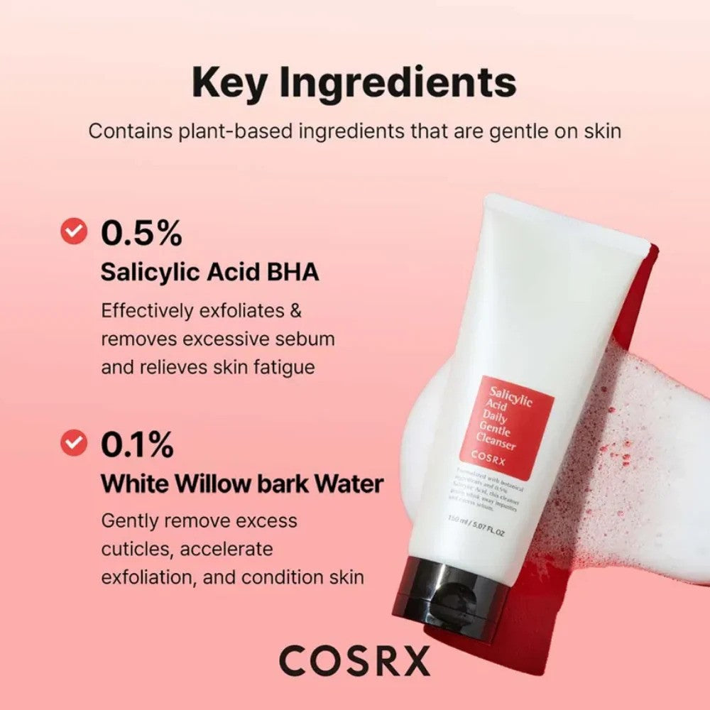 Bottle of COSRX Salicylic Acid Daily Gentle Cleanser, a K-beauty skincare product with a white and blue label and 150ml size.
