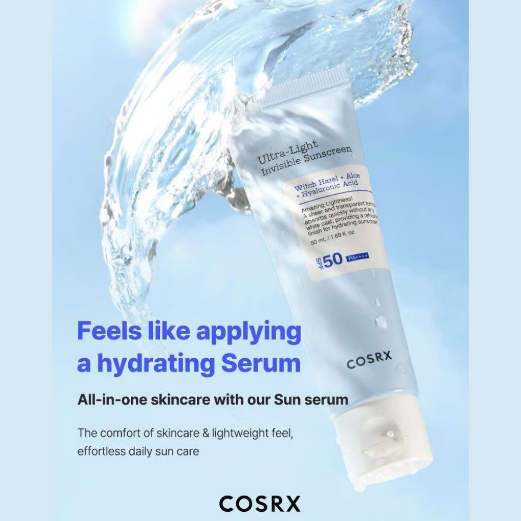 COSRX Ultra Light Invisible Sunscreen SPF 50 K Beauty moisturiser tube on a white background