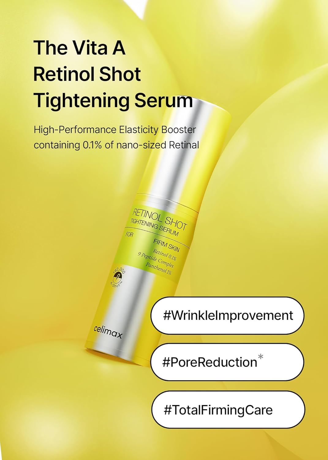 Celimax Retinol Shot K-Beauty serum in a 30ml bottle, designed for tightening and firming skin with retinol benefits.