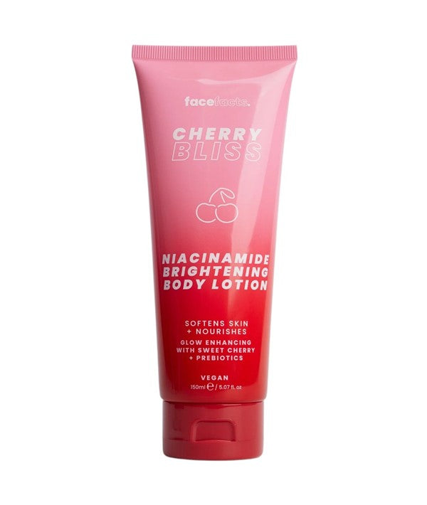 Face Facts Cherry Bliss Nicinamide Brightening Body Lotion bottle with cherry and creamy white design, for skin brightening and hydration.