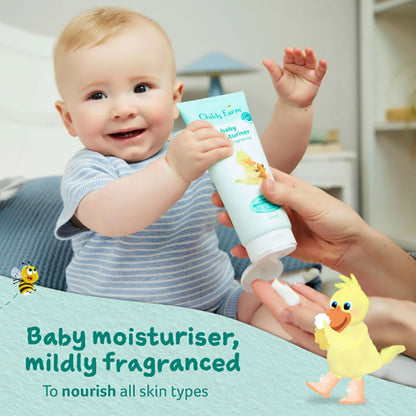 Childs Farm baby moisturizer in a pump bottle, mildly fragranced, gentle kids skincare product with a soft, soothing appearance.