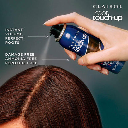 Clairol Root Touch Up 2-in-1 temporary hair color spray for quick coverage of roots and color refresh.