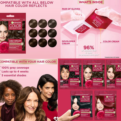 Garnier Color Sensation ammonia-free hair color tube for root retouch and hair coloring, with vibrant shade.