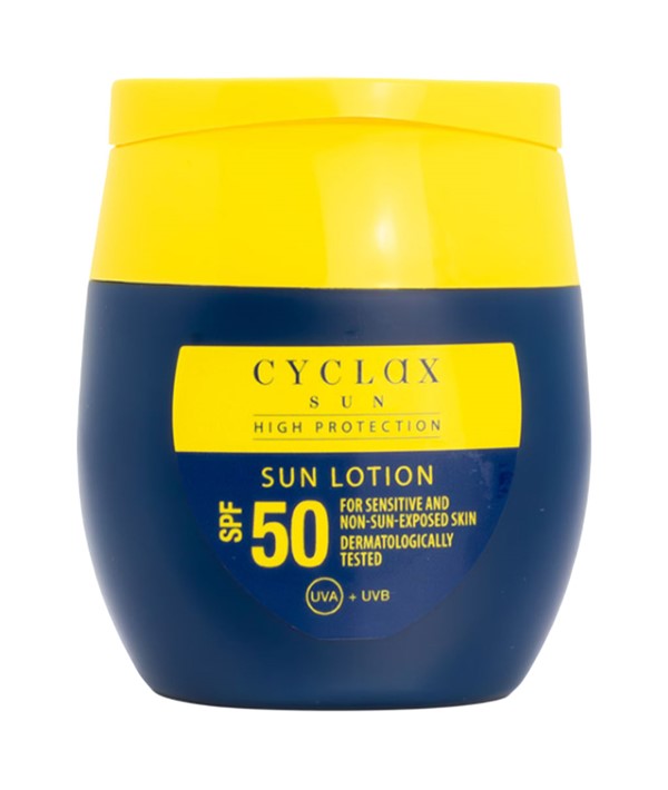 Three Pears Cyclax High Protection Sun Lotion with SPF 50, showing the bottle used for sun protection and tanning.