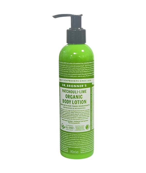 Dr Bronners Patchouli Lime Organic Body Lotion bottle, natural body care product with a pump dispenser and vibrant label design.