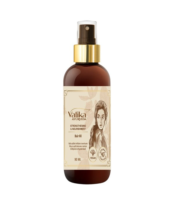 Dabur Vatika Ayurveda hair oil bottle for strengthening and nourishment, 90ml, with natural herbal ingredients visible in the image.