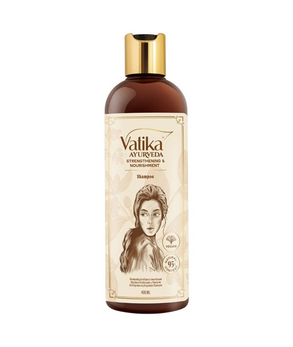 Dabur Vatika Ayurveda strengthening and nourishment shampoo bottle, 400ml, with herbal ingredients for healthy hair care