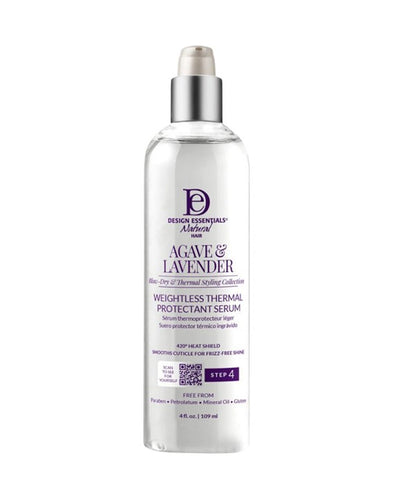 Design Essentials Natural Agave and Lavender Step 4 heatless thermal protectant serum for hair in a clear bottle with a pump dispenser.