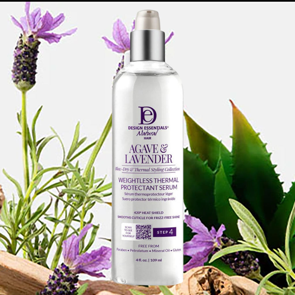 Design Essentials Natural Agave and Lavender thermal protectant serum for hair, in a sleek bottle with a pump dispenser.