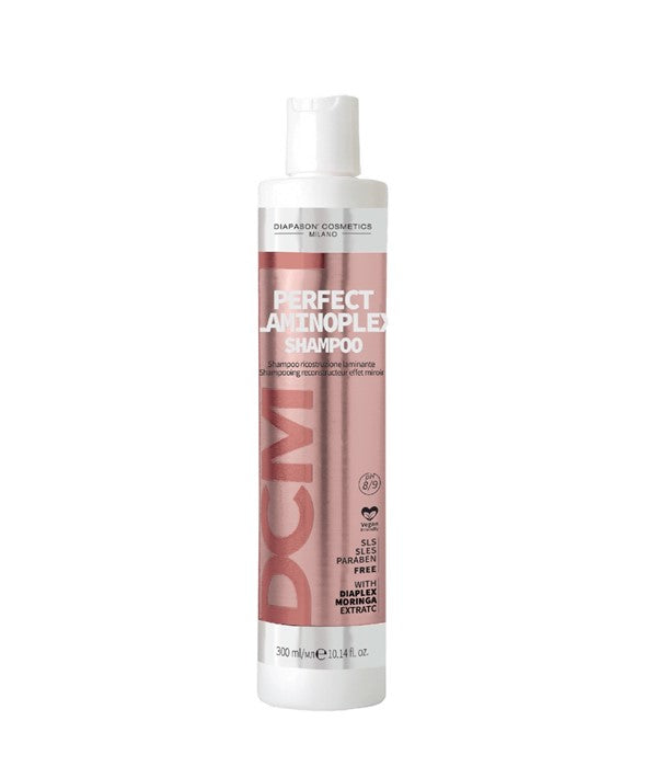 Diapason Cosmetics Milano DCM Perfect Laminoplex Shampoo 300ml bottle with label and pump dispenser on a white background.