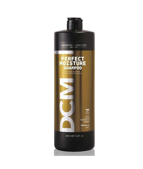 Diapason Cosmetics Milano DCM Perfect Moisture Shampoo in a 1000ml bottle with a sleek label and pump dispenser.