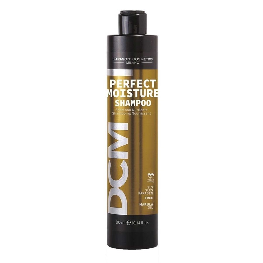 Diapason Cosmetics Milano DCM Perfect Moisture Shampoo 300ml bottle, nourishing hair care product with moisturizing formula.
