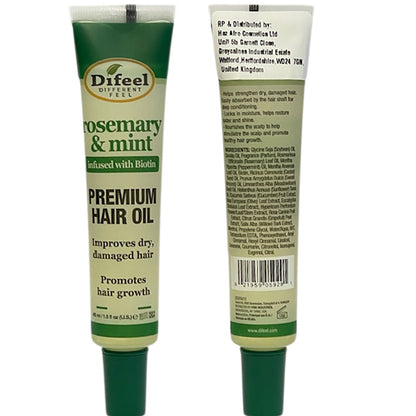 Difeel Rosemary and Mint premium hair oil tube, showing a sleek bottle of hair serum with rosemary and mint ingredients.