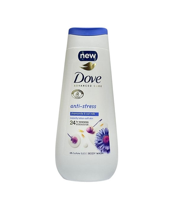 Dove Anti Stress Blue Chamomile and Oat Milk Body Wash in a pump bottle, designed for soothing bath and shower use.