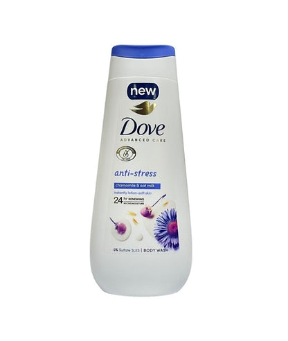 Dove Anti Stress Blue Chamomile and Oat Milk Body Wash in a pump bottle, designed for soothing bath and shower use.