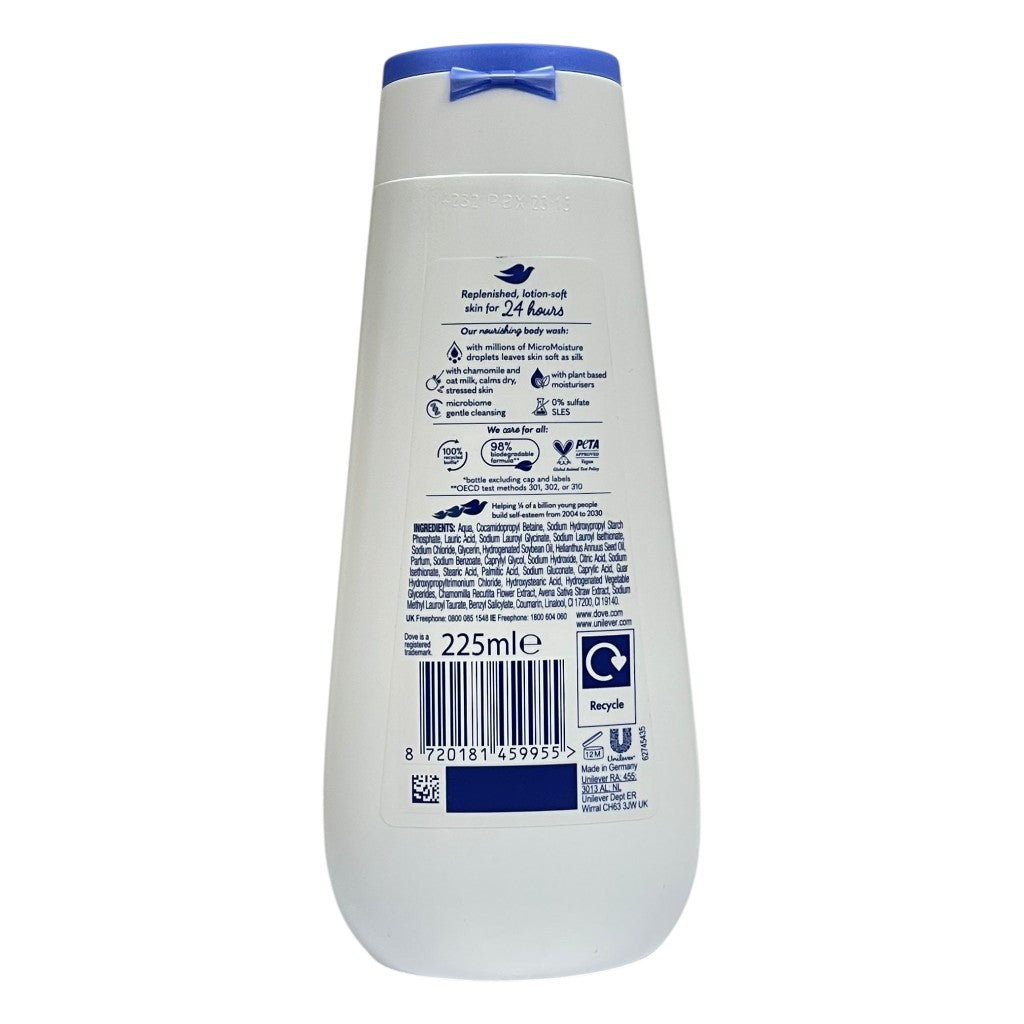 Dove Anti Stress Blue Chamomile and Oat Milk Body Wash in a pump bottle, designed for calming bath and shower use.