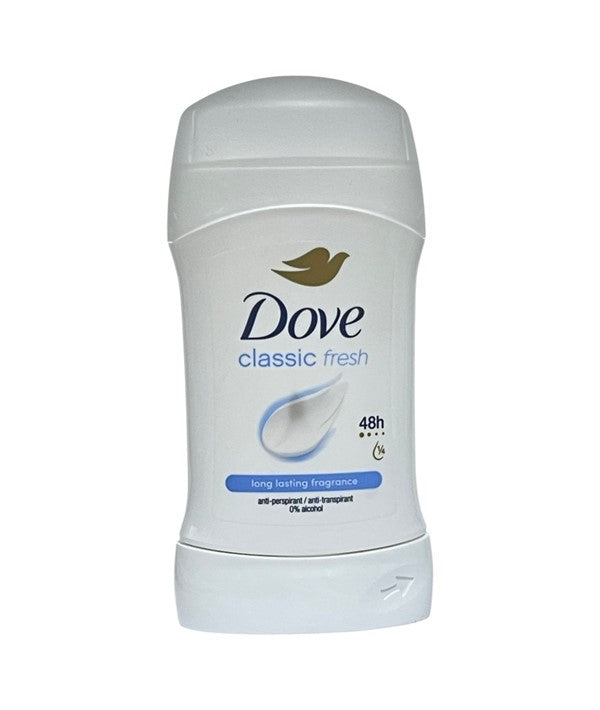 Dove Classic Fresh anti-perspirant roll-on deodorant for body care, featuring clear liquid in a white and blue bottle