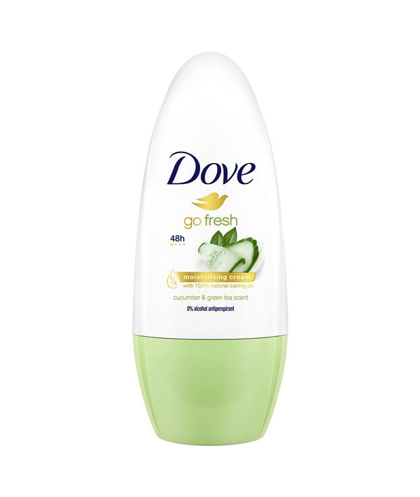 Dove Go Fresh cucumber scent roll-on deodorant in 50ml bottle, body care product with refreshing cucumber fragrance