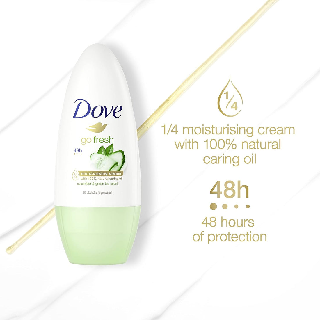 Dove Go Fresh cucumber scent roll-on deodorant for body care, in a 50ml bottle with fresh cucumber and green tea fragrance.