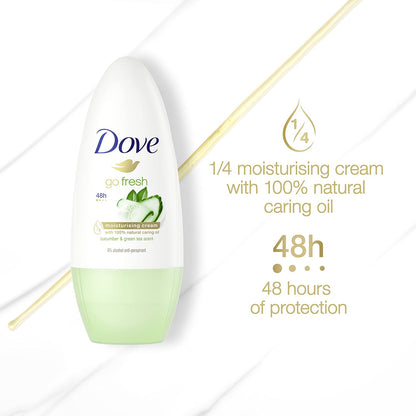 Dove Go Fresh cucumber scent roll-on deodorant for body care, in a 50ml bottle with fresh cucumber and green tea fragrance.