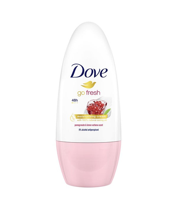 Dove Go Fresh Pomegranate Scent deodorant roll-on bottle for body care, featuring a white and pink design with a clear cap.