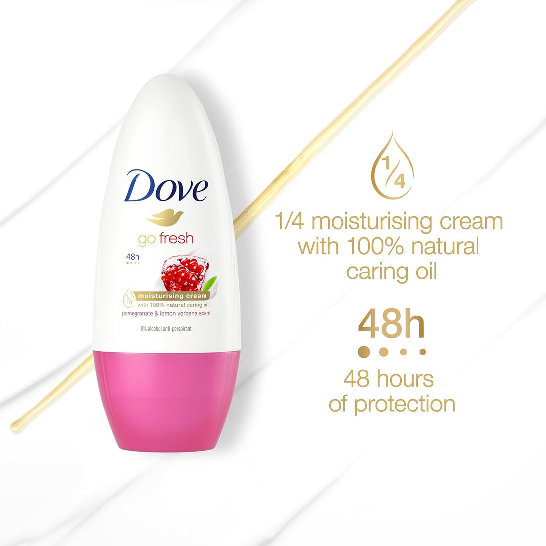 Dove Go Fresh Pomegranate Scent deodorant roll-on in 50ml bottle, featuring fresh fruit fragrance and smooth application.